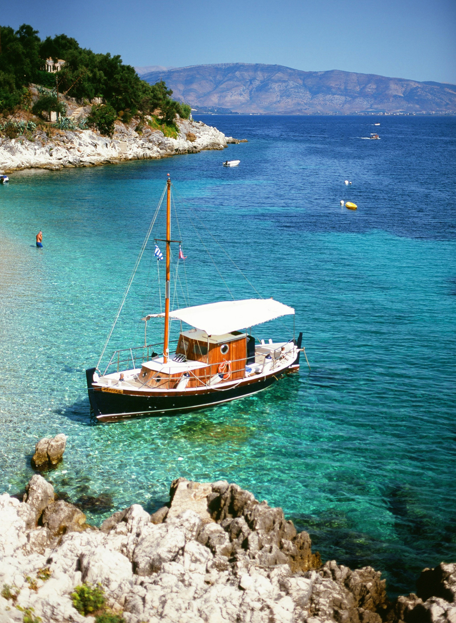Docked Boat on Kalamaki Beach in Corfu Greece