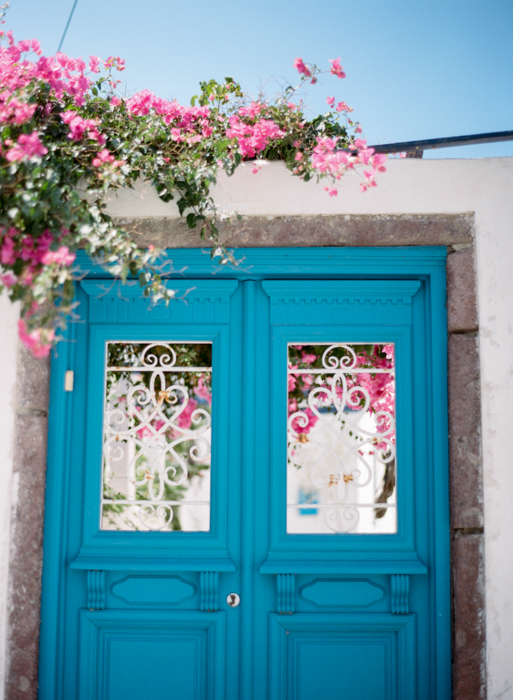 Bougainvillea and Blue Doors in Santorini