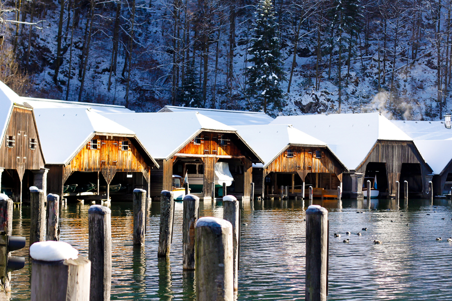 Snow Covered Boat Houses in Konigssee Germany